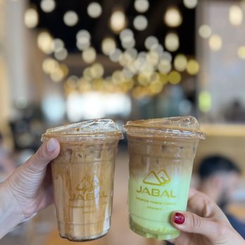Jabal Coffee House - Iced Jabal Latte (~$8) & Iced Pistachio Latte (~$8) - Coffee & Tea Near Me - Dearborn, Michigan