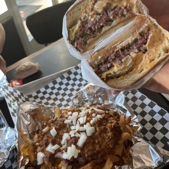 Grill 'Em All - No More Mr. Nice fries and 1/2 lb. Napalm Death Burger - Burgers Near Me - Long Beach, California Grill 'Em All - No More Mr. Nice fries and 1/2 lb. Napalm Death Burger - Burgers Near Me - Long Beach, California