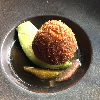 Bacchanalia - Crab fritter with avocado and grapefruit. An absolute favorite! - New American Near Me - Atlanta, Georgia