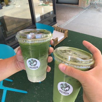 Pressed + Flower - Left: iced rose matcha latte w/oat  Right: iced matcha latte w/ oat - Coffee & Tea Near Me - Azusa, California