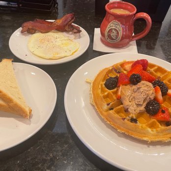 Another Broken Egg Cafe - Mixed Berry Waffle w/ Bacon & Eggs - Breakfast & Brunch Near Me - Panama City Beach, Florida Another Broken Egg Cafe - Mixed Berry Waffle w/ Bacon & Eggs - Breakfast & Brunch Near Me - Panama City Beach, Florida
