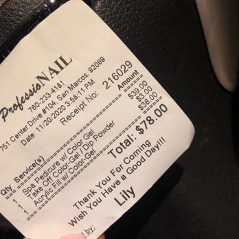 ProfessioNAIL - I like that the receipt shows client the services charged - Nail Salons Near Me - San Marcos, California ProfessioNAIL - I like that the receipt shows client the services charged - Nail Salons Near Me - San Marcos, California