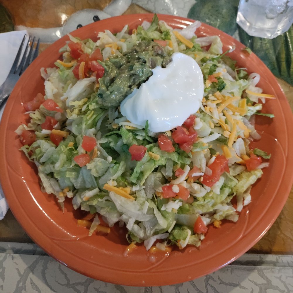 Deluxe Taco Salad (w/ Chicken) = $14.00 (served in a hard shell upon request +$0.50)