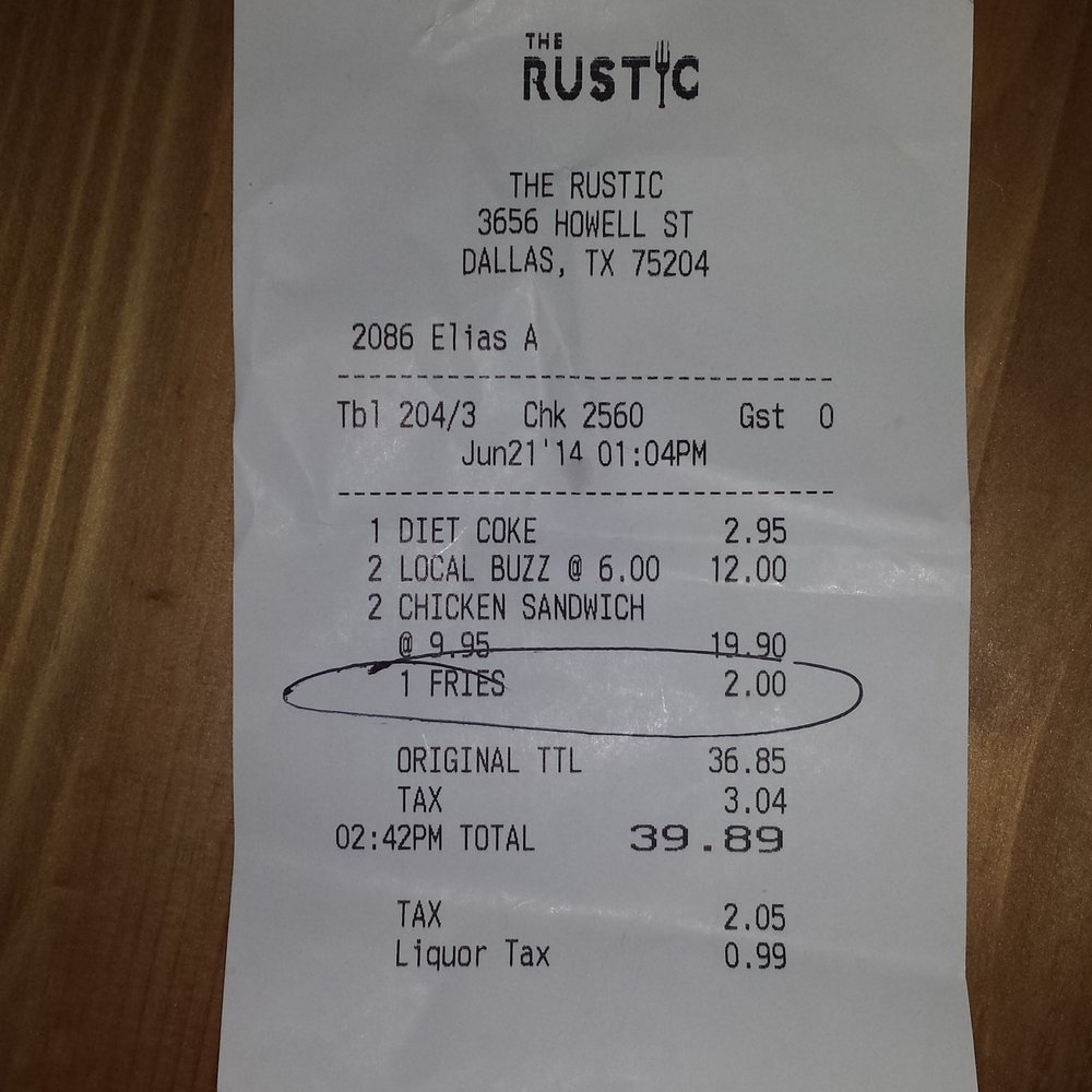 The Rustic - $2 extra for fries.... The shady waiter forced everyone to order fries or onion rings so he can boost his sales. - New American Near Me - Dallas, Texas The Rustic - $2 extra for fries.... The shady waiter forced everyone to order fries or onion rings so he can boost his sales. - New American Near Me - Dallas, Texas