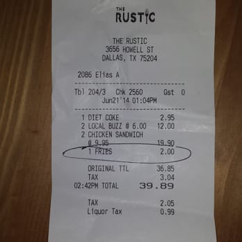 The Rustic - $2 extra for fries.... The shady waiter forced everyone to order fries or onion rings so he can boost his sales. - New American Near Me - Dallas, Texas