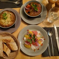 French Onion Soup (top left) + Ratatouille (top right) + Ceviche (bottom right)