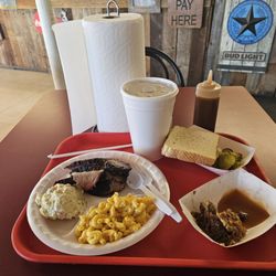 Riley's Pit BBQ - The brisket plate with mac, potato salad, bread, pickles, onions, amd a little taste of the meatloaf.