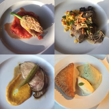 Eat. - Top Left: Fried squash, Duck, Pig w/ okra and peach mustard, Wild berry pie w/ sweet corn & Mint basil ice cream. - New American Near Me - Las Vegas, Nevada