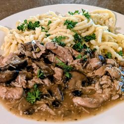 Everybody's Inn - Nightly Pork strip special with shroom gravy.