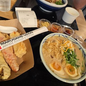 Marugame Udon - Creamy Broth Udon-Tonkotsu Style, Crab Meat Tempura, Zucchini Tempura, Tamagoyaki Tempura,  Fireball, Shichimi Pepper,  Ginger Nikutama Udon - Japanese Near Me - San Gabriel, California