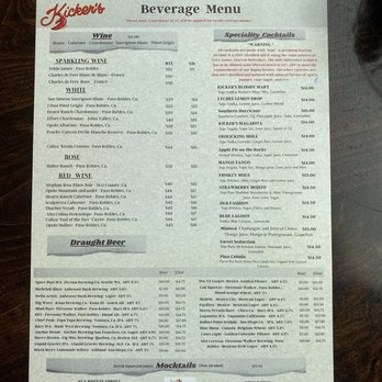Kicker's - Beverage Menu - Seafood Near Me - Morro Bay, California