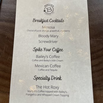 Marty B's Coffee - Breakfast cocktails. I will have to try one next time. - Desserts Near Me - Bartonville, Texas Marty B's Coffee - Breakfast cocktails. I will have to try one next time. - Desserts Near Me - Bartonville, Texas