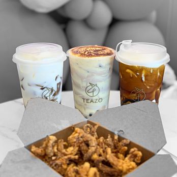 Teazo - Fried Mini Octopus, Peach Oolong Milk Tea, creamer broke boba drink, Brown Sugar Boba Latte | @whaevaeats - Bubble Tea Near Me - San Francisco, California