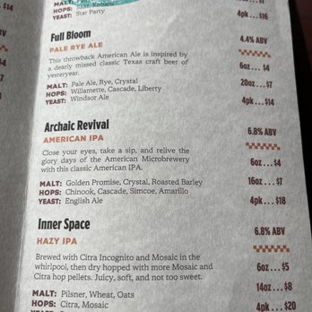 Fass Brewing - Menu - The menu features four beers: Pils Blanc, Full Bloom Pale Rye Ale, Archaic Revival American IPA, and Inner Space Hazy IPA, with details on ingredients and pricing. - Breweries Near Me - Conroe, Texas