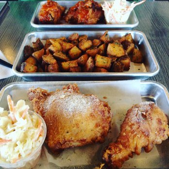 Scratch Fried Chicken - Top to bottom: 2 pc dark w/ Sriracha Honey sauce, Garlic Herb potatoes, 2 pc dark w/ Garlic Herb dry rub. - Chicken Wings Near Me - Greensboro, North Carolina Scratch Fried Chicken - Top to bottom: 2 pc dark w/ Sriracha Honey sauce, Garlic Herb potatoes, 2 pc dark w/ Garlic Herb dry rub. - Chicken Wings Near Me - Greensboro, North Carolina