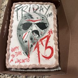 Moreno's Bakery - 1/4 sheet cake, themed Friday the 13th. Delicious mocha chocolate. Thank you.