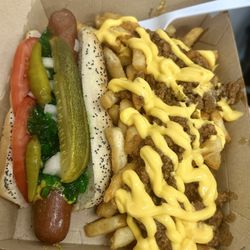 The Naked Dog - Chicago dog and chili cheese fries.