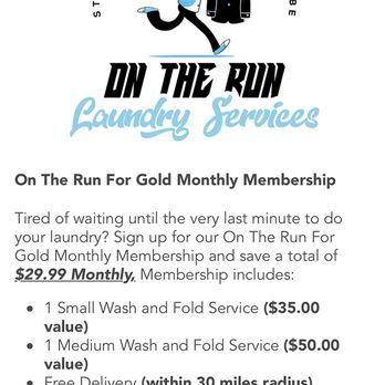 On the Run Laundry Services - Take advantage of our On the Run for Gold membership and save up to 29.99$ a month! - Laundry Services Near Me On the Run Laundry Services - Take advantage of our On the Run for Gold membership and save up to 29.99$ a month! - Laundry Services Near Me