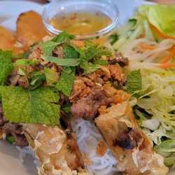 Nguyen's - Beef vermicelli bowl with spring rolls; tasty!