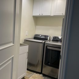 Laundry room remodel: new sink, cabinets, machines, lighting, fan, paint, venting Laundry room remodel: new sink, cabinets, machines, lighting, fan, paint, venting