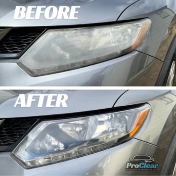 ProClear Headlight Restoration - Before and after photo of Nissan Rogue headlight restoration in Lafayette, CO showing cloudy headlight restored to clear condition. - Auto Detailing Near Me ProClear Headlight Restoration - Before and after photo of Nissan Rogue headlight restoration in Lafayette, CO showing cloudy headlight restored to clear condition. - Auto Detailing Near Me