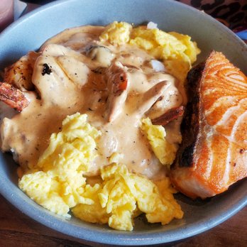 Between The Trees - CAROLINA SHRIMP & GRITS with SCRAMBLED EGGS and ORA KING SALMON - French Near Me - Greenville, South Carolina Between The Trees - CAROLINA SHRIMP & GRITS with SCRAMBLED EGGS and ORA KING SALMON - French Near Me - Greenville, South Carolina
