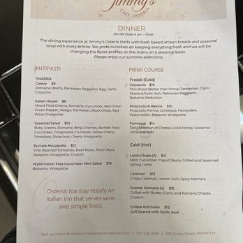 Jimmy's Jersey Street Cafe - Front of dinner menu - Italian Near Me - Denver, Colorado