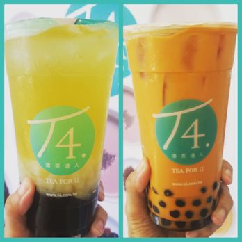 T4 - Left: Honey peach royal tea with pearls and coconut jelly Right: Thai tea with pearls, both light ice - Bubble Tea Near Me - Sacramento, California T4 - Left: Honey peach royal tea with pearls and coconut jelly Right: Thai tea with pearls, both light ice - Bubble Tea Near Me - Sacramento, California