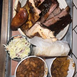 3 Meat Sampler w: ribs, brisket, & 1/4 white chicken, burnt end baked beans, sweet potato casserole, cole slaw, & cornbread