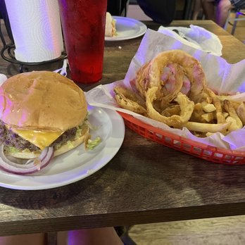 Stomp's Burger Joint - Cheeseburger with thin fries & onion rings - Burgers Near Me - Bacliff, Texas Stomp's Burger Joint - Cheeseburger with thin fries & onion rings - Burgers Near Me - Bacliff, Texas