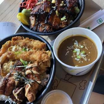 Donburi - Mixed bowl with friend shrimp&chicken with curry on the side. And the pork belly bowl - Japanese Near Me - Washington, DC, District of Columbia
