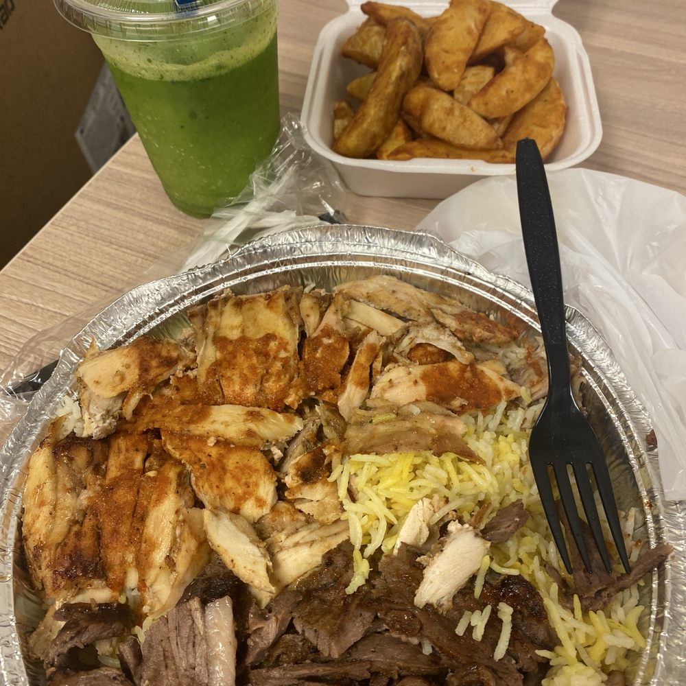 Mixed bowl. Lemon mint drink, fries