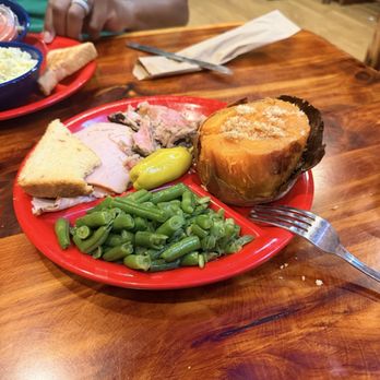 Missouri Hick Barbeque - Two meat plate with sweet potato and green beans - Barbeque Near Me - Cuba, Missouri Missouri Hick Barbeque - Two meat plate with sweet potato and green beans - Barbeque Near Me - Cuba, Missouri