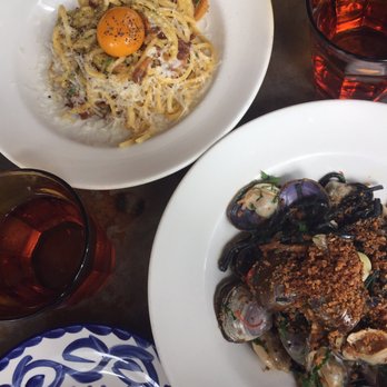 Taverna Mercatto - Carbonara and squid ink pasta. - Italian Near Me - Toronto, Ontario Taverna Mercatto - Carbonara and squid ink pasta. - Italian Near Me - Toronto, Ontario