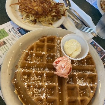 Metro Diner - Waffle with strawberry butter & regular butter with hash browns. - Breakfast & Brunch Near Me - Jacksonville, Florida Metro Diner - Waffle with strawberry butter & regular butter with hash browns. - Breakfast & Brunch Near Me - Jacksonville, Florida