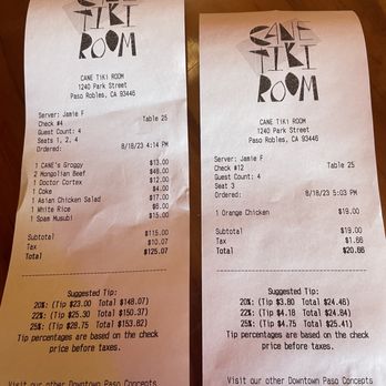 Cane Tiki Room - Receipts to show all prices. - Tiki Bars Near Me - Paso Robles, California Cane Tiki Room - Receipts to show all prices. - Tiki Bars Near Me - Paso Robles, California