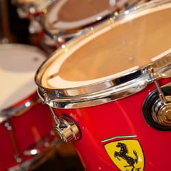 Footes Music - Nick Mason's DW Ferarri Drum Kit on display in the shop.