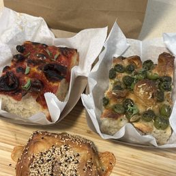 Marinara foccacia, olive foccacia, Gruyère & mustard croissant Marinara foccacia, olive foccacia, Gruyère & mustard croissant