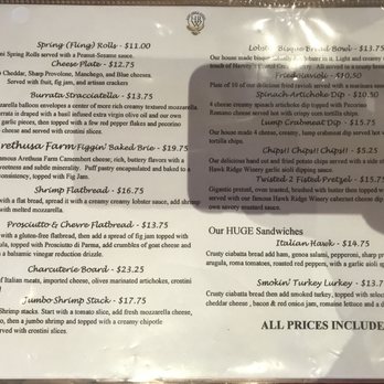 Hawk Ridge Winery - Food menu to go with your wine. - Wineries Near Me - Watertown, Connecticut