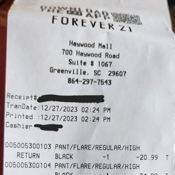 Forever 21 - Receipt showing return at sale price and purchase at full price, not an exchange. - Accessories Near Me - Greenville, South Carolina