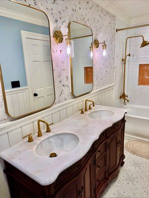 Before & After Bathroom - What a transformation. The original master bathroom was not a friendly place. I gut the entire bathroom, updated everything from the subfloor to the electrical, plumbing, and exhaust fan. I designed this bathroom have a fun cottage feel with life throughout. From the shiplap boards and wallpaper like tile on the walls to the playful curves and color of the vanity, this new bathroom displays a touch of elegance from the moldings and the fixtures to the extra deep tub which made this bathroom feel like home. Are you ready for yours? Call me to schedule your free estimate today. Before & After Bathroom - What a transformation. The original master bathroom was not a friendly place. I gut the entire bathroom, updated everything from the subfloor to the electrical, plumbing, and exhaust fan. I designed this bathroom have a fun cottage feel with life throughout. From the shiplap boards and wallpaper like tile on the walls to the playful curves and color of the vanity, this new bathroom displays a touch of elegance from the moldings and the fixtures to the extra deep tub which made this bathroom feel like home. Are you ready for yours? Call me to schedule your free estimate today.