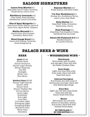 Menu photo 1 Shiner Palace Saloon Shiner, TX
