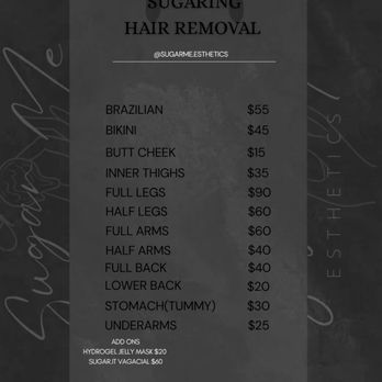 Sugar Me Esthetics - Sugaring Menu - Estheticians Near Me - Downey , California Sugar Me Esthetics - Sugaring Menu - Estheticians Near Me - Downey , California