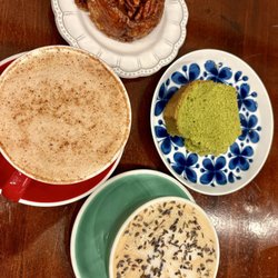 Victorian Cafe - Chai latter, lavender matcha, cinnamon bun, matcha loaf
