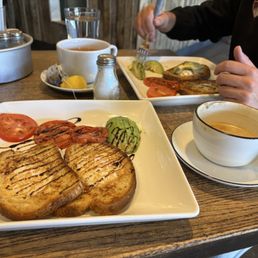 Avocado toast and oat milk latte Avocado toast and oat milk latte