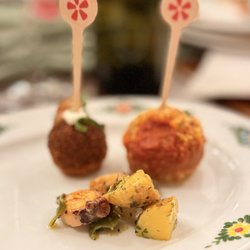 Osteria Morini - Eggplant meatball delicious  Prosciutto & mortadella meatball -creamy texture  Grilled octopus - best ever would have eaten a meal of that