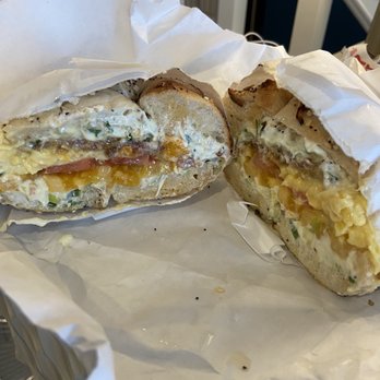 Gotham Bagels - Lakeview - Bacon, scrambled egg and cheese bagel with scallion cream cheese and tomato. - Bagels Near Me - Chicago, Illinois Gotham Bagels - Lakeview - Bacon, scrambled egg and cheese bagel with scallion cream cheese and tomato. - Bagels Near Me - Chicago, Illinois