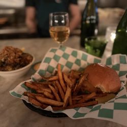 Greenpoint Fish & Lobster - Brussels sprouts side + Crispy Fish Sandwich with fries