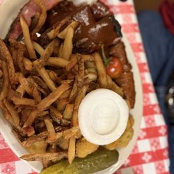 Mesquite Pit - 3 meat plate - fries and okra