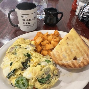 The Brunch Club - Three egg scramble with spinach, mushrooms, jalapeño, and mozzarella. Home fries and sourdough toast. Coffee. - Breakfast & Brunch Near Me - Dover, New Hampshire The Brunch Club - Three egg scramble with spinach, mushrooms, jalapeño, and mozzarella. Home fries and sourdough toast. Coffee. - Breakfast & Brunch Near Me - Dover, New Hampshire